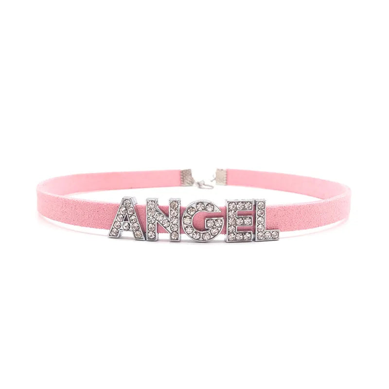 Sexy Rhinestone Letters Hotwife Collar Choker for Women Men DIY Customized Necklaces Pink Suede Leather Cosplay Jewelry Gift