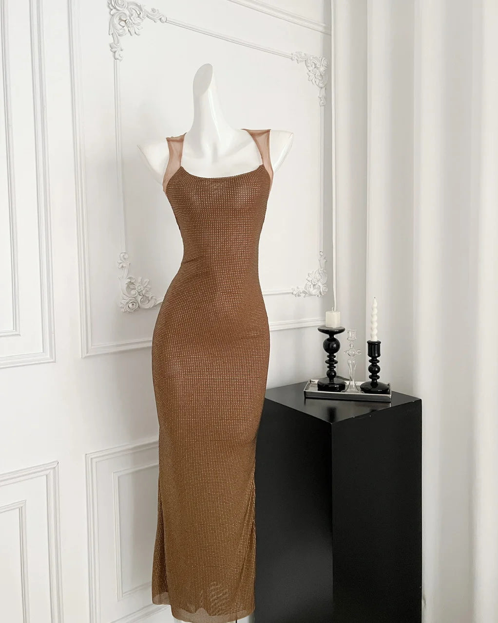 Sexy Square Collar Mesh Patchwork Diamonds Long Dress Women Backless Shiny Rhinestone Slim Dresses Evening Party Cocktail Gowns