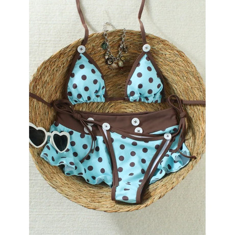 Vintage Polka Dot 3 Piece Bikini Set, Button Trim Ruffle Skirt Cover Up Halter Triangle Swimsuit
