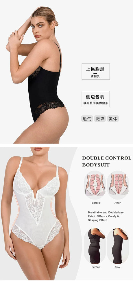 Soft Bodysuit Silky Touch Layer Bodysuits 2 Layers Shapewear Open Crotch Jumpsuit Soft Smooth Body Shaper Lace Bodysuits