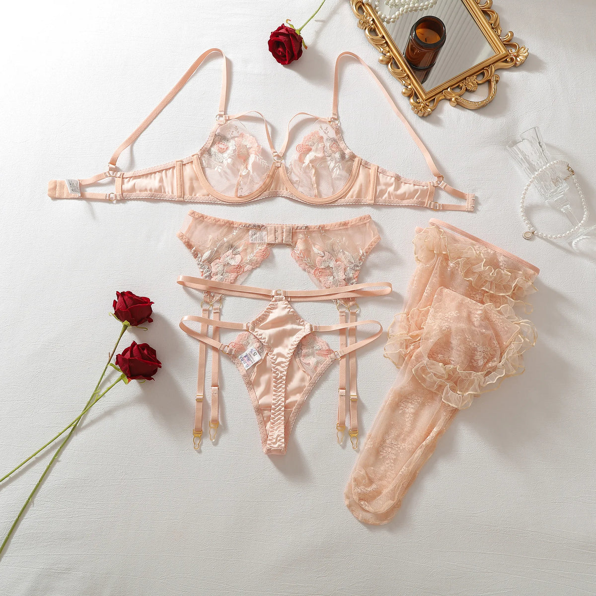 Ellolace Elegant Women's Lingerie Sets Premium Bra Belt Thong 3PC Stockings Cute Lace Floral Embroidered Champagne Romance Kit