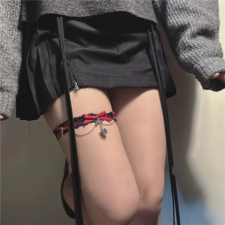 Dark Lolita Red Black Lace Crown Thigh Garter Gothic Bowknot Leg Chain JK Elastic Adjustable Thigh Ring Leg Harness Accessory