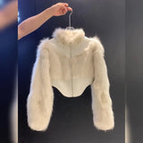 Cropped Faux Fur Coat Women Fashion Elegant Patchwork Fluffy Jacket Winter Ladies Korean Long Sleeve Furry Outerwears New