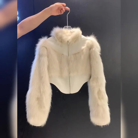 Cropped Faux Fur Coat Women Fashion Elegant Patchwork Fluffy Jacket Winter Ladies Korean Long Sleeve Furry Outerwears New