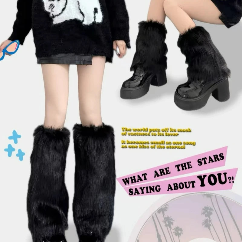 1/2Pairs Artificial Fur Plush Leg Warmers Women Autumn Winter Thermal Long Socks Girls Fashion Japanese Knee-length Stockings