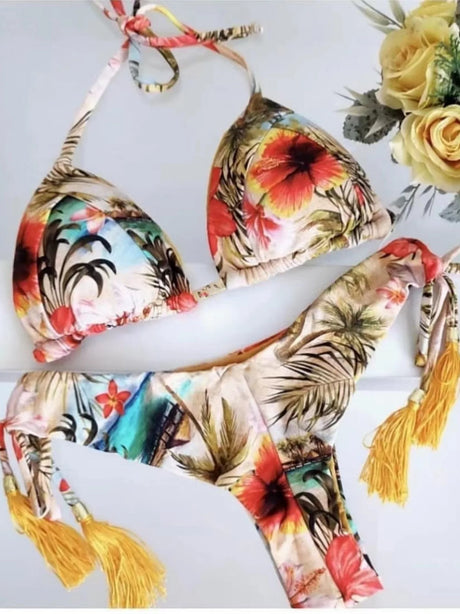 Women's Printed Tassel Bikini Set Low Waist Tie Side Two Piece Swimsuit Fashion Beachwear Bathing Suit Bikini Set Women's Swimsu