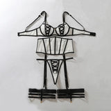 Women's Black White Contrast Strappy Lingerie Set 4PCS Underwire Bra Waist Cincher Garter Belt Thong Thigh Cuffs Sexy Intimate