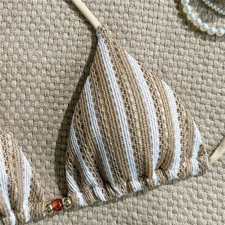 Pink Striped Print Halter String Triangle Bikinis Sets Micro Thong Sexy Swimsuit Women 2026 Ladies Swimwear Bead Bikini Bather