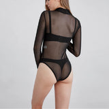 Sexy Women T Shirt See Through Mesh Black Long Sleeve Bodysuit Sheer Slim Turtleneck Tulle Crop Top T-Shirt Transparent Clubwear