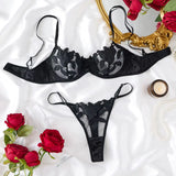 Transparent Floral Two Pieces Exquisite Lace Lingerie Set Ultrathin Bra Briefs Set Solid Exotic Lingerie for Ladies See Through