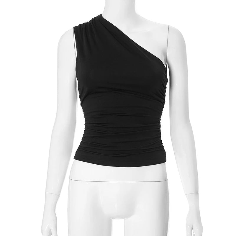 Solid Color One Shoulder Backless Shrink Tank Top T-Shirt Candy Color Tight Sexy Sleeveless Neckless Slim Casaul Top