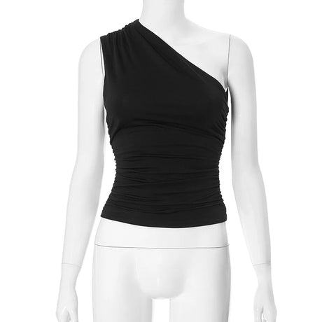 Solid Color One Shoulder Backless Shrink Tank Top T-Shirt Candy Color Tight Sexy Sleeveless Neckless Slim Casaul Top