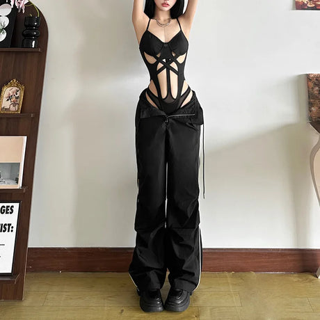 Sexy Women Bodysuit Cut Out Bodycon Jumpsuit Strap Cami Y2K Pure Aesthetic Tops Summer Sleeveless Solid Color Crop Outfit Tee