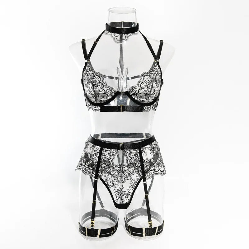 Sexy Lace Lingerie Set With Garter Belt Eyelash Underwire Bra Nude Illusion Strappy Sensual Costume Exotic Underwear Party Club