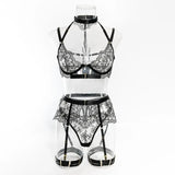 Sexy Lace Lingerie Set With Garter Belt Eyelash Underwire Bra Nude Illusion Strappy Sensual Costume Exotic Underwear Party Club