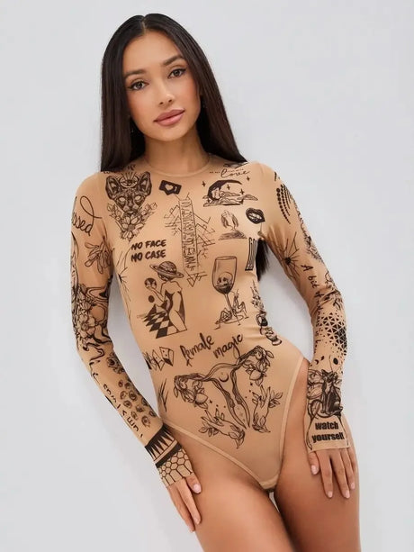 Skin Color Unique Design Sense Pattern Printed Round Neck Slim Fit Sexy Spring Autumn Long Sleeved Tight Fitting Bodysuit Womens