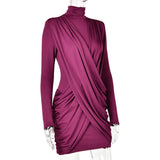 Mozision High Neck Shoulder Pads Long Sleeve Sexy Mini Dress Women Draped Cross Front Ruched Slim Bodycon Nightclub Party Dress