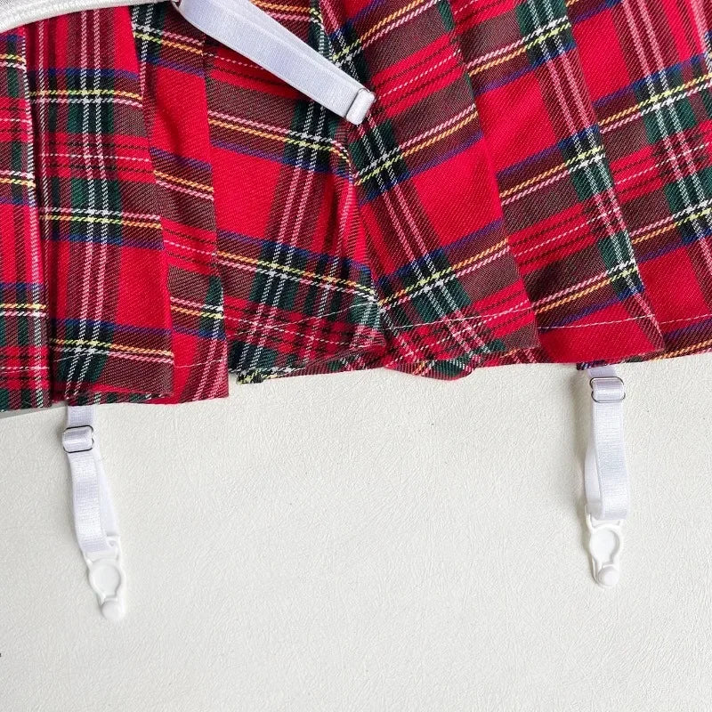 Teacher Cosplay Lingerie Sheer Halter Bra Plaid Skirt See Through Intimate Goods Sissy Erotic Crotchless Briefs Outfits