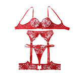 Heavy industry embroidery sequin red slim fit perspective high-end splicing gemstone decoration sexy lingerie four piece set