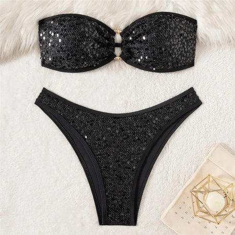 Pink Shiny Glitter Mesh Bandeau Bikinis Sets Sexy Swimsuit Woman 2026 Metal Ring Swimwear High Cut Bathing Suit Bikini De Mujer