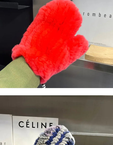 Hot Sale Women's 100% Natural Rabbit Fur Winter Gloves Warm Knit Thick Thermal Mittens Soft Real Fur Outdoor Cold Weather Glove