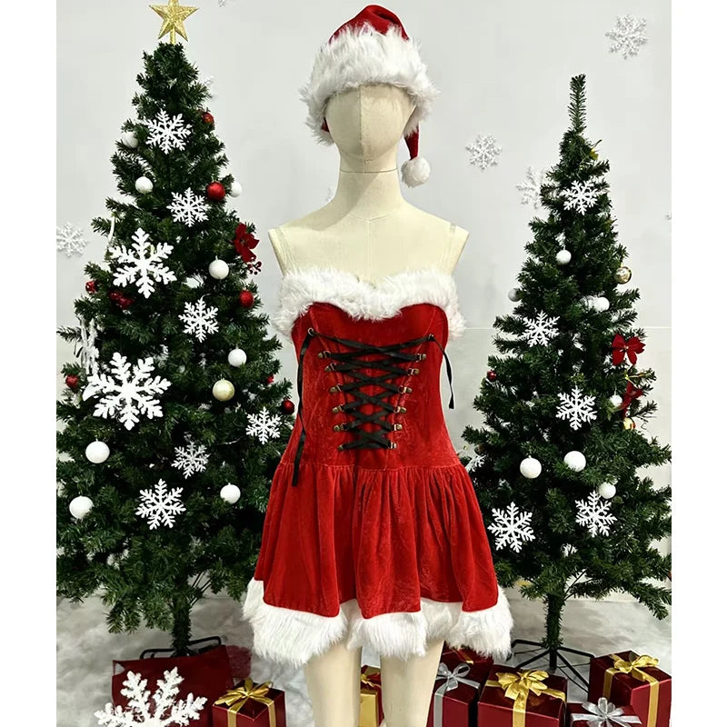 Christmas girl cute style red strapless dress, women's fur shawl, pure desire lace up short skirt, cosplay set