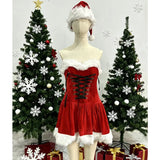 Christmas girl cute style red strapless dress, women's fur shawl, pure desire lace up short skirt, cosplay set