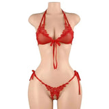 Women's Sexy Pink Mesh Underwear High Elasticity Fishnet Hollow Out Three Piece Open Crotch Babydoll Set Exotic Lingerie