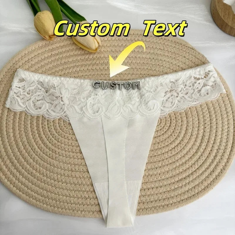 Personalized Custom Thong Name Crystal Letter G-String Low Waisted Lace Thong Ice Silk Bikini Panties Hot Wife Girlfriend Gift
