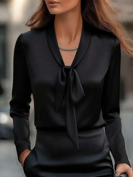 Elegant Satin Long Sleeve Bow Tie Neck Blouse for Women Office Casual Wear Top