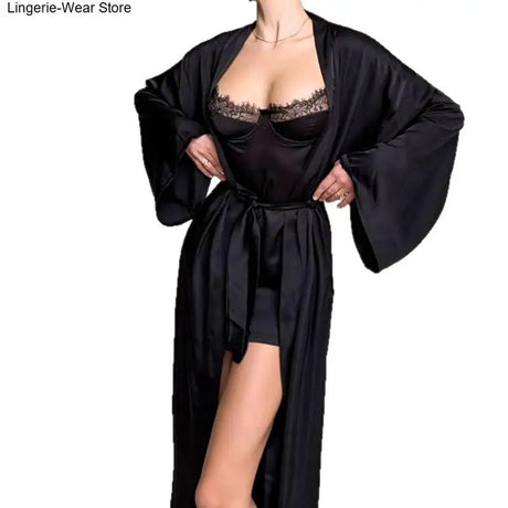 Simulated Silk Lace Splicing Pajamas 2026 Spring New Sexy Nightgown Lace-Up Robe Two-Piece Set Women's Home Wear