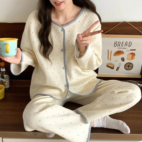 Thickened Air Cotton Sleepwear Set for Women Autumn Winter Polka Dot Home Clothes Korean Style Cute Girl Long Sleeve V-Neck