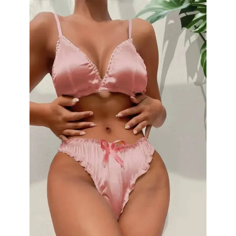 Sexy heart printed lingerie sets for women satin silk bra panties pajamas set soft sleepwear erotic babydolls costumes plus size