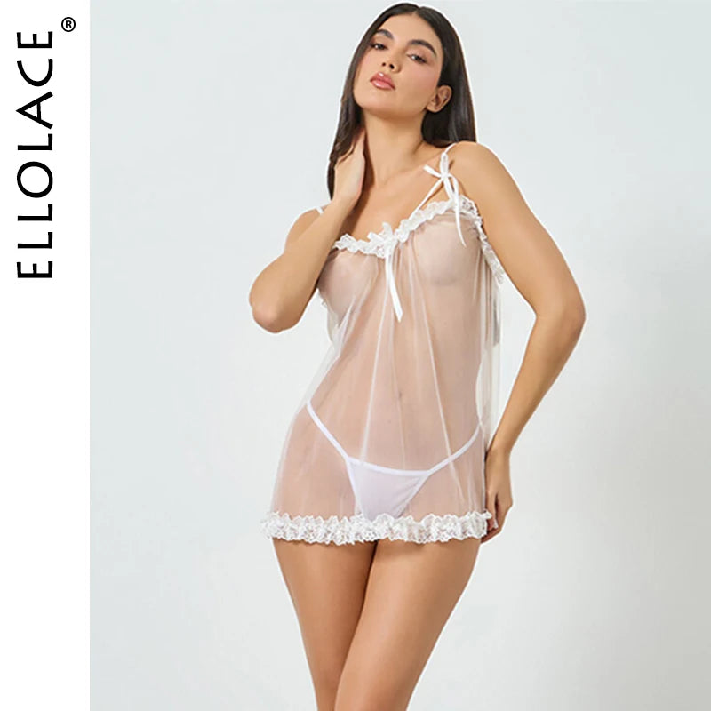 Ellolace Romantic Women's Casual Dresses Tempted Solid Sheer Cute Dress Thong 2PC Set Innocent Bownkow Decor Ruffled Sleepwear