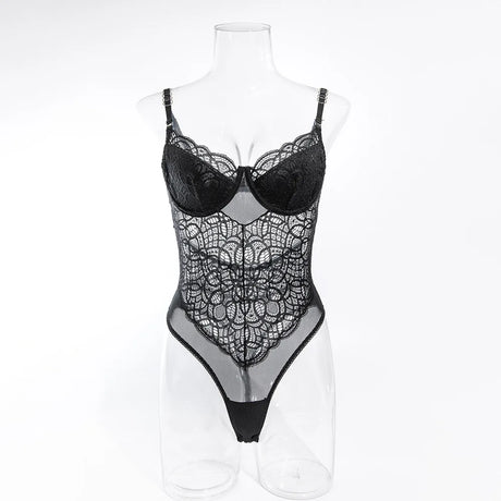 Sexy Women's Lingerie Lace Patchwork Hollow Out Bodysuit Black Solid Color Slim Suspender Backless Underwire One Piece Jumpsuit