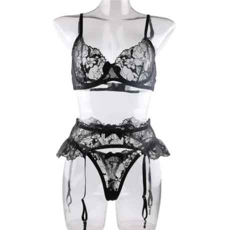 Krasapt Black Bow Embroidery See-Through Woman Lingerie 3Pcs Sexy Romantic Female Bra And Panty Garters Sets Exotic Onlyfans Kit