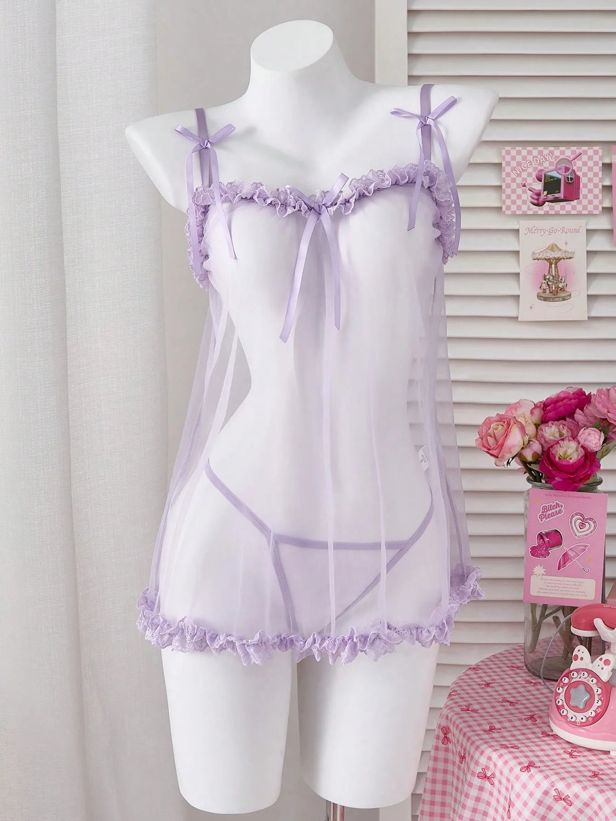 Ellolace Romantic Women's Casual Dresses Tempted Solid Sheer Cute Dress Thong 2PC Set Innocent Bownkow Decor Ruffled Sleepwear