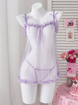 Ellolace Romantic Women's Casual Dresses Tempted Solid Sheer Cute Dress Thong 2PC Set Innocent Bownkow Decor Ruffled Sleepwear