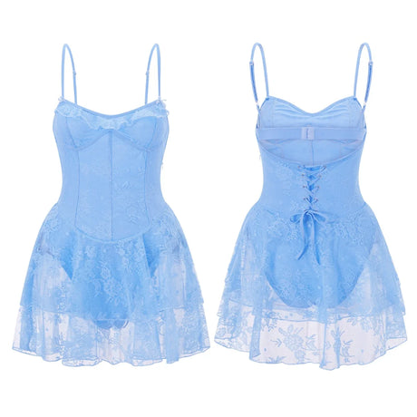 Summer Women Spaghetti Strap Corset Dress Sleeveless Bandage Lace Ruffle Bodysuits Dress Club Party Sexy Dresses