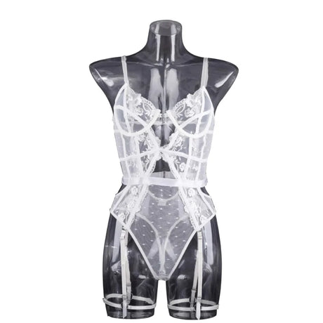 Toucheart Lace Embroidery Jumpsuit For Women Mesh Patchwork See-through Sexy Hollow Out Underwear Solid Color Garters Underwear