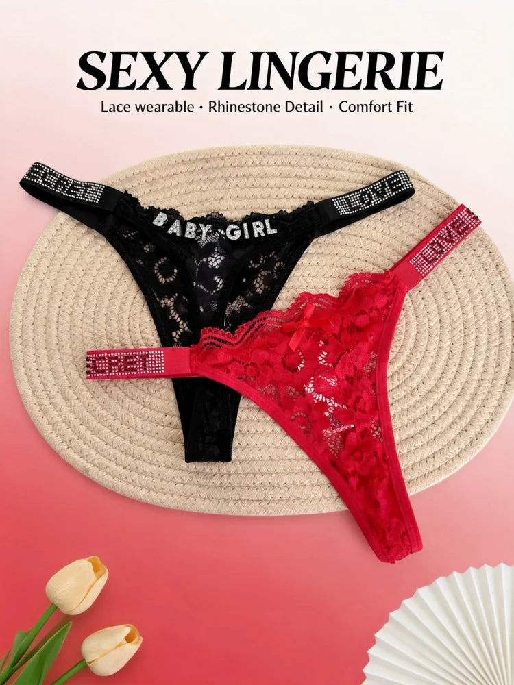 Custom Rhinestone Letter Name Thong Sexy Lace Panties Low-Rise Crystal Letter G-string Personalized Gift Wife Lover Anniversary