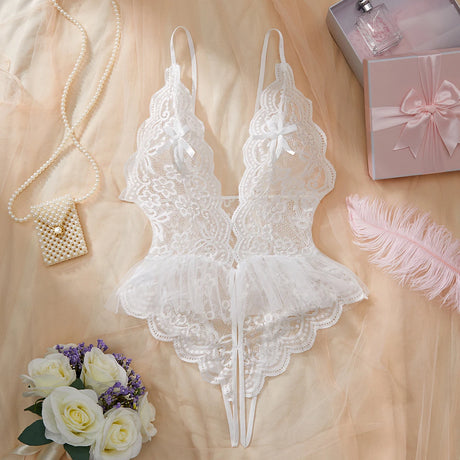 Sexy White Lace Bodysuit: Crotchless & Backless Teddy Lingerie Set, Sheer Hollow Out Party Costume for Women