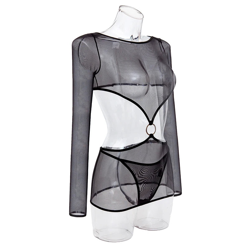 Sexy Lingerie Set Transparent Sheer Mesh Babydoll Erotic Nightwear Women Cutout Waist Lace Underwear Women's Sexy Nightie
