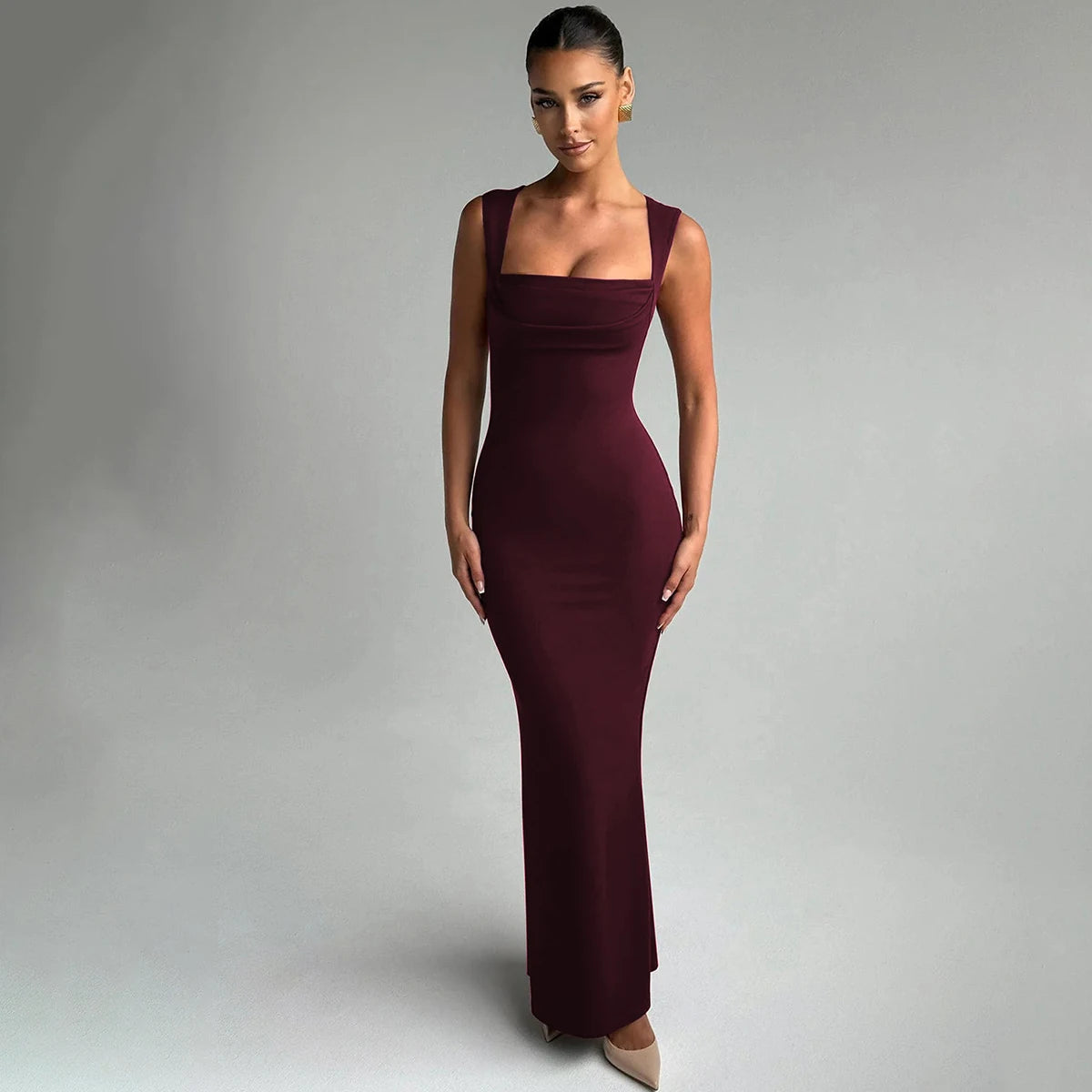 Hugcitar Women Elegant Solid Square Collar Straps Sexy Bodycon Maxi Prom Dress Summer Women Y2K Clothes Evening Party Birthday