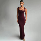 Hugcitar Women Elegant Solid Square Collar Straps Sexy Bodycon Maxi Prom Dress Summer Women Y2K Clothes Evening Party Birthday