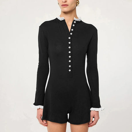 Spring and Autumn Women's Lotus Leaf Edge Decorative Long Sleeve Button Half Open Skirt Slimming Short jumpsuit Casual
