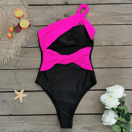 Sexy One Piece Swimsuit One Shoulder Solid Cut Out Monokini Pattern Women's Swimwear Slimming Bodysuit Women Beachwear 2022