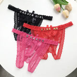 Customized Crystal Name Letters Women's Sexy Breathable Lace Underwear Low Waisted Opening Thong Bikini Erotic G-String Panties