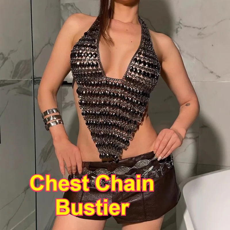 Women Sexy Backless Shine Diamond Body Chain Exotic Tanks Novelty Hollow Out Chest Chains Decor Bustier Tops Nightbar Clubwear
