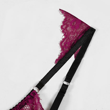 Eyelash Lace 3Pcs Lingerie Set Women Underwire Push Up Sheer Mesh Bra Hollow Strap Garter Belt Thigh Rings Valentine Honeymoon